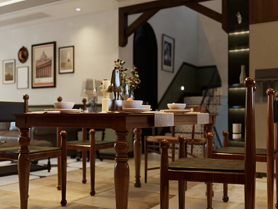 Cozy Dining and Living Room Interior With Wooden Table Tableware Vase Framed Pictures And Staircase 3d model