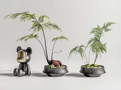 Fern Bonsai Potted Plants In Black Ceramic Pots With Decorative Bear Figurine 3d model