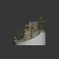 Cartoon Scenic Diorama With Log Cabin Pine Trees Hillside Stream And Stone Steps