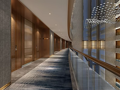 Hotel Corridor Interior Design With Luxurious Carpet Wooden Doors And Soft Lighting 3d model