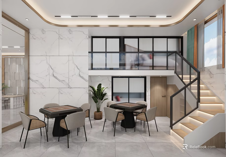 Modern Front Desk Reception Lobby With Reception Counter Seating And Lighting Fixtures 3d model 
