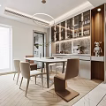 Modern Restaurant Interior With Dining Table Chairs Pendant Light Wine Cabinet And Marble Accents