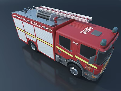 Red Fire Rescue Functional Vehicle With Ladder And Yellow Stripes 3d model