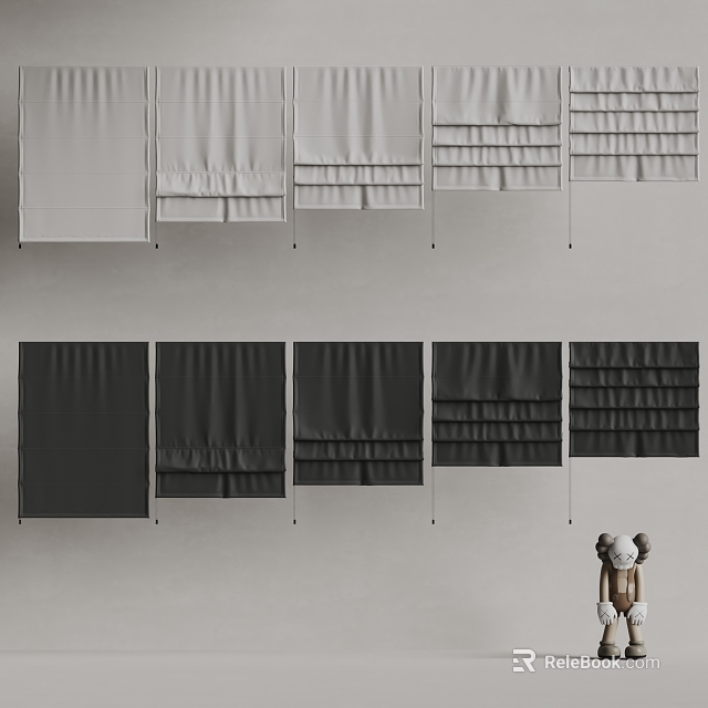 Light And Dark Gray Curtains With Pleated Ruffled And Plain Designs On White Wall 3d model 