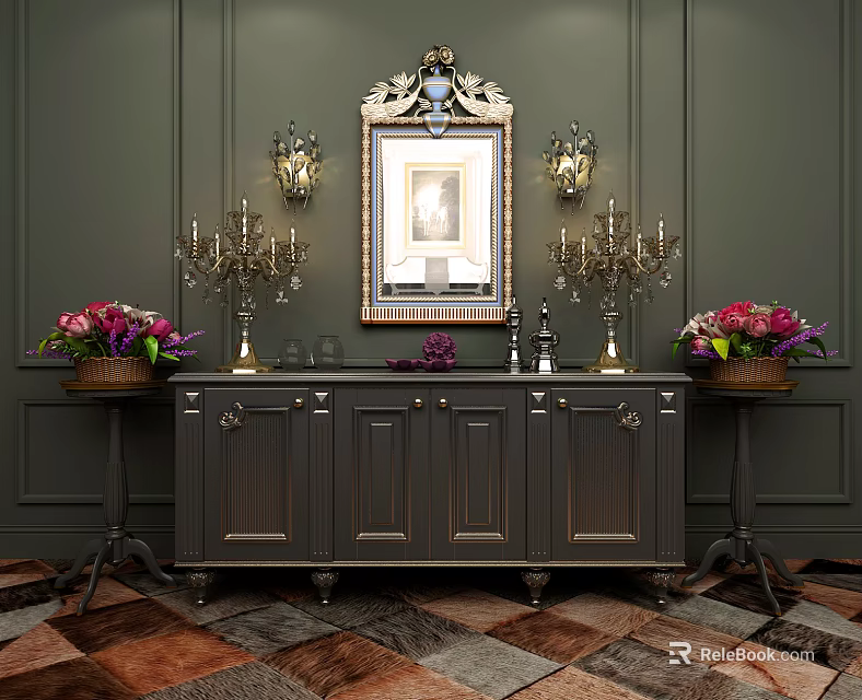 Ornate Dark Console Table and Side Cabinet in Entryway with Mirror Sconces Candelabra and Flowers 3d model 