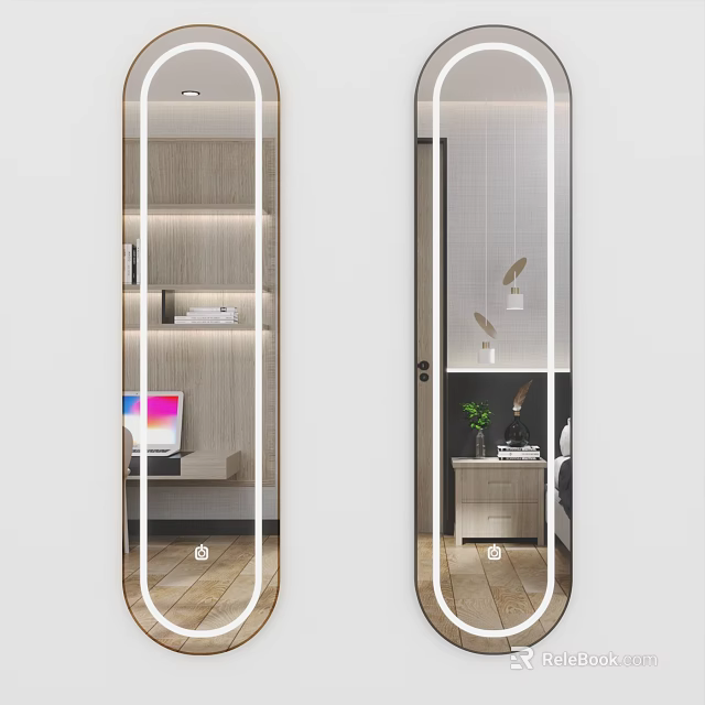 Sleek Modern Full Length Mirror Reflecting Interior Bookshelf Plant And Side Table Decor 3d model 