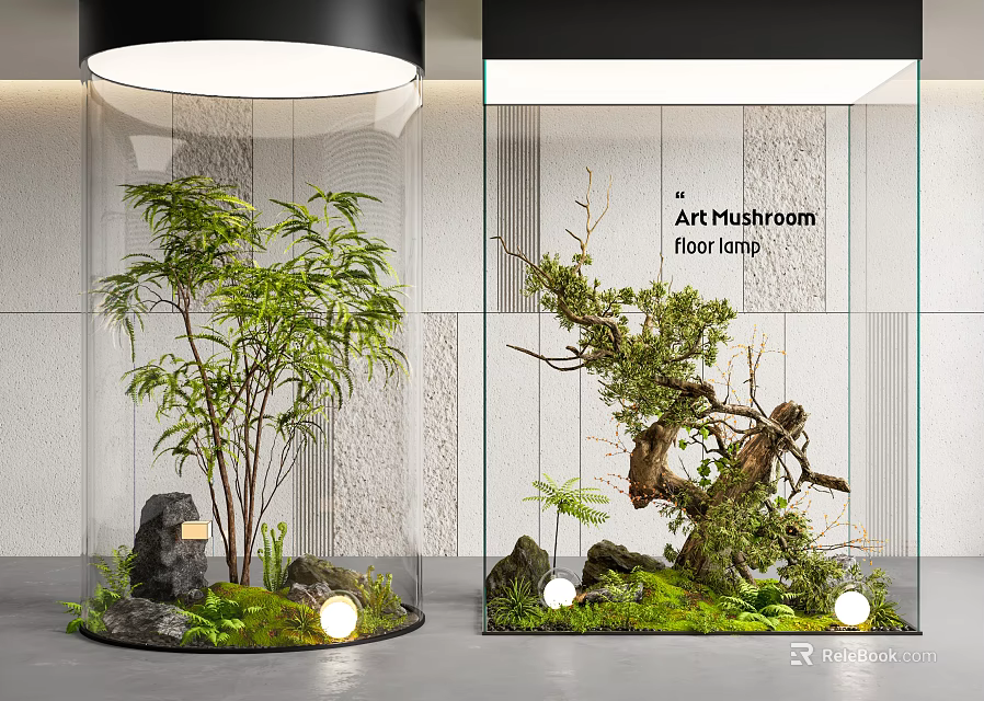 Indoor Natural Landscape With Bamboo Stones Moss Round Lights And Art Mushroom Floor Lamp 3d model 