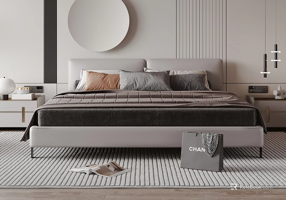 Double Bed With Gray Headboard Colorful Pillows Striped Rug Round Mirror And Chanel Shopping Bag 3d model 