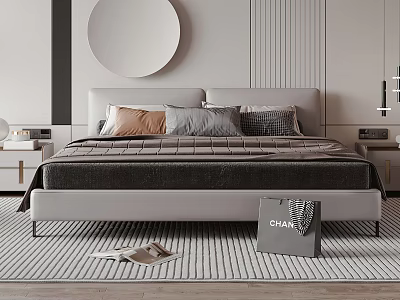 Double Bed With Gray Headboard Colorful Pillows Striped Rug Round Mirror And Chanel Shopping Bag 3d model
