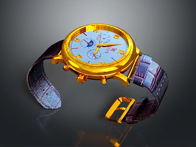 Luxury Golden Watch With Black Leather Strap White Dial And Moon Phase Design 3d model