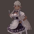 Anime Style Woman In Maid Outfit Holding Knife With Long White Hair And Golden Eyes