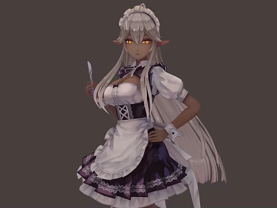 Anime Style Woman In Maid Outfit Holding Knife With Long White Hair And Golden Eyes 3d model