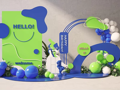 Vibrant Birthday Party Decoration With Hello Welcome Sign Green Blue Balloons And Smiley Elements 3d model
