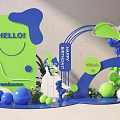 Vibrant Birthday Party Decoration With Hello Welcome Sign Green Blue Balloons And Smiley Elements