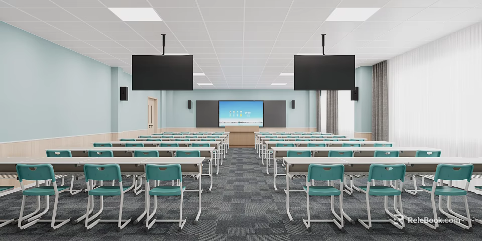Modern Classroom Interior With Desks Chairs Large Screens Blackboard Light Blue Walls Gray Floor 3d model 