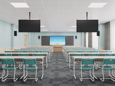 Modern Classroom Interior With Desks Chairs Large Screens Blackboard Light Blue Walls Gray Floor 3d model