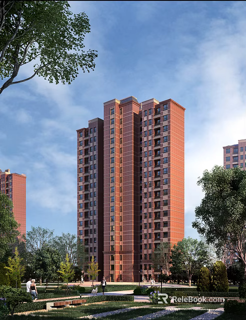 Modern High Rise Residential Building Red Brick Exterior Surrounded By Green Trees Under Blue Sky 3d model 