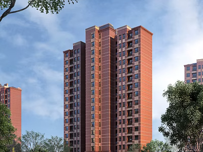 Modern High Rise Residential Building Red Brick Exterior Surrounded By Green Trees Under Blue Sky 3d model