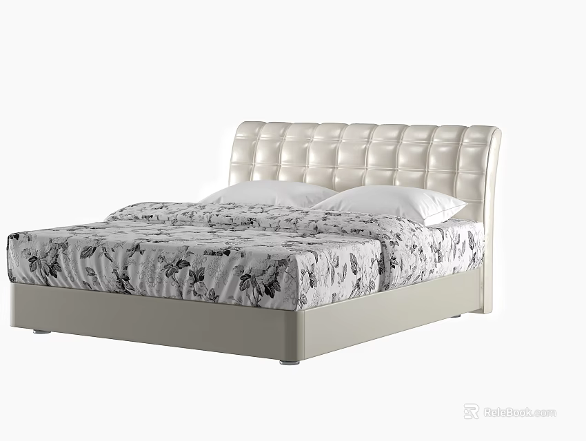 Modern Double Bed With White Padded Headboard And Patterned Bedspread Design 3d model