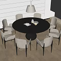 Modern Dining Table Set with Round Gray Tabletop Six Light Colored Chairs and Pendant Light 3d model