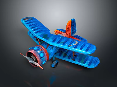 Colorful Cartoon Style Toy Airplane With Blue Biplane Wings And Orange Tail 3d model