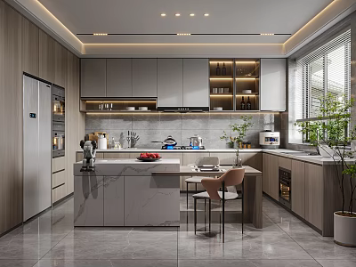 Modern Open Kitchen Interior With Island Counter Cabinets And Appliances 3d model