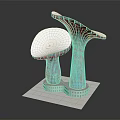 Mushroom Shaped Modern Buildings With Blue Glass Curtain Walls And White Bases