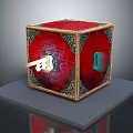 Decorative Ornament Set With Red Surface Gold Border Intricate Patterns Keyhole Key And Display Stand