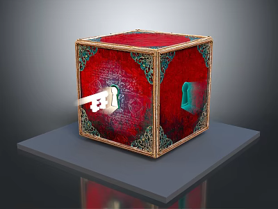 Decorative Ornament Set With Red Surface Gold Border Intricate Patterns Keyhole Key And Display Stand 3d model