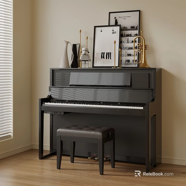 Black Piano With Stool Framed Artwork Brass Trumpet And Vase In Room Corner 3d model 
