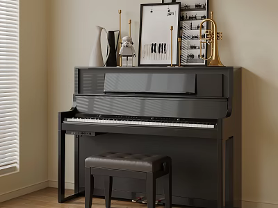 Black Piano With Stool Framed Artwork Brass Trumpet And Vase In Room Corner 3d model