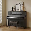 Black Piano With Stool Framed Artwork Brass Trumpet And Vase In Room Corner