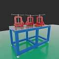Three Red Bench Vices Placed On Blue Metal Workbench For Hardware Tools 3d model