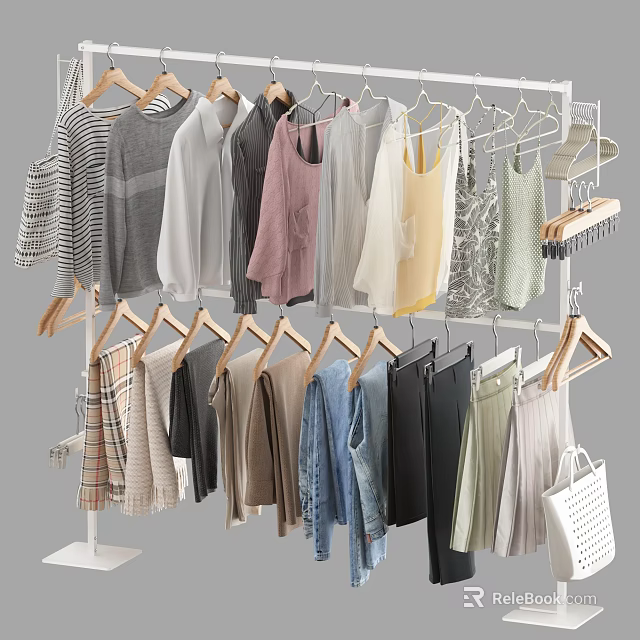 Multi Layered White Metal Clothes Rack with Hanging Shirts Sweaters Pants Skirts and Handbag 3d model 