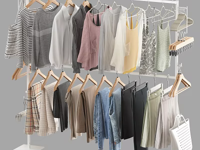 Multi Layered White Metal Clothes Rack with Hanging Shirts Sweaters Pants Skirts and Handbag 3d model