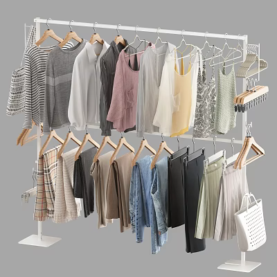 Multi Layered White Metal Clothes Rack with Hanging Shirts Sweaters Pants Skirts and Handbag 3d model