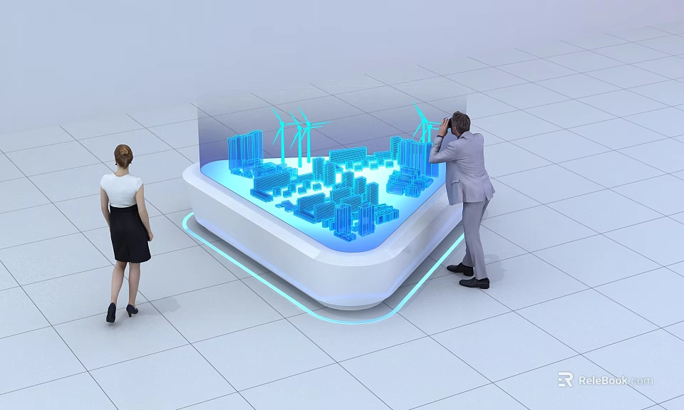 Sand Table With Blue City Model High Rise Buildings Wind Turbines And Two People Observing 3d model 