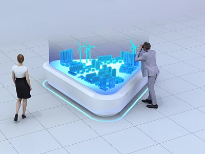 Sand Table With Blue City Model High Rise Buildings Wind Turbines And Two People Observing 3d model