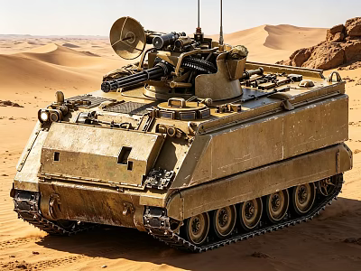 Military Tank In Desert Terrain With Radar Antenna And Weapon System 3d model