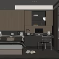 Modern Tatami Bedroom Interior With Wooden Desk Chair Bookshelf Wardrobe And City View Window