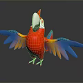 Colorful Red Parrot With Blue And Yellow Spread Wings Standing With Reflection On Dark Surface