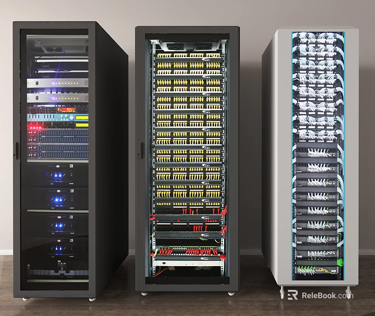 Data Center Server Racks With Network Equipment Switches And Patch Panels 3d model