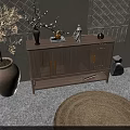 Natural Wooden Entryway Cabinet Sideboard With Lattice Doors Decorative Plants Pottery Vase And Stone Ornaments