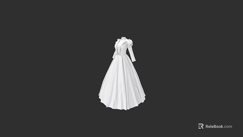 Elegant White Floor Length Long Sleeve Formal Dress With Classic Collar Design 3d model 