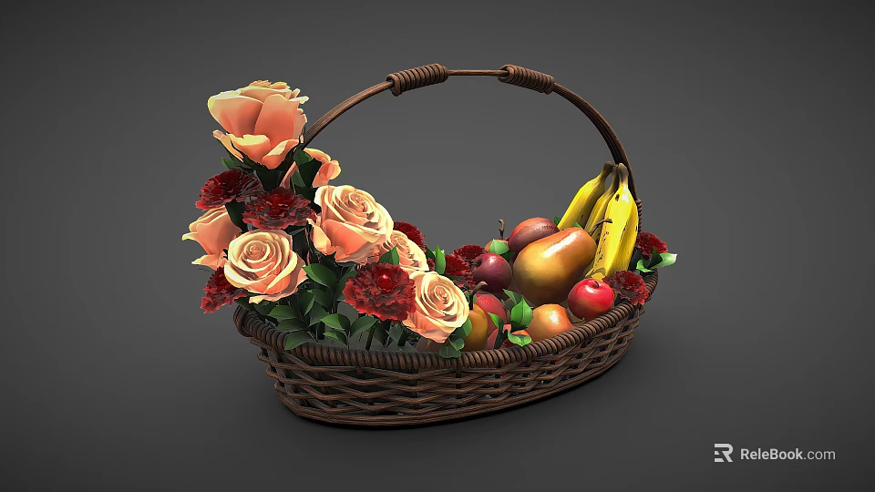 Stylish Wicker Basket With Fresh Bananas Apples Pears And Orange Roses 3d model 