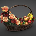 Stylish Wicker Basket With Fresh Bananas Apples Pears And Orange Roses