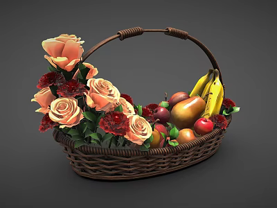 Stylish Wicker Basket With Fresh Bananas Apples Pears And Orange Roses 3d model