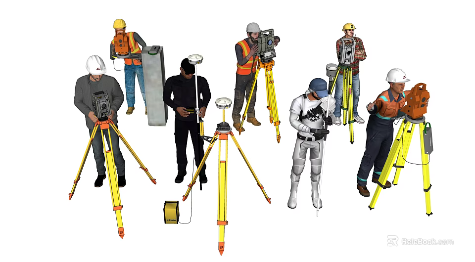 Workers In Hard Hats Using Surveying Tripods And Equipment At Construction Site 3d model 