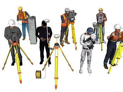 Workers In Hard Hats Using Surveying Tripods And Equipment At Construction Site 3d model