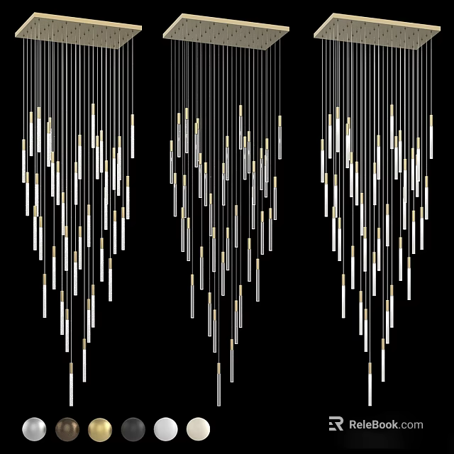 Three Modern Chandeliers with Slim Metal Rods Silver and Gold Hanging on Black Background 3d model 
